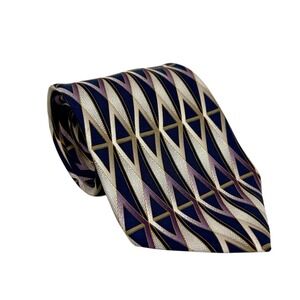 Conte di Milano Men's Silk Necktie Geometric Pattern‎ Navy Purple Gold Formal
